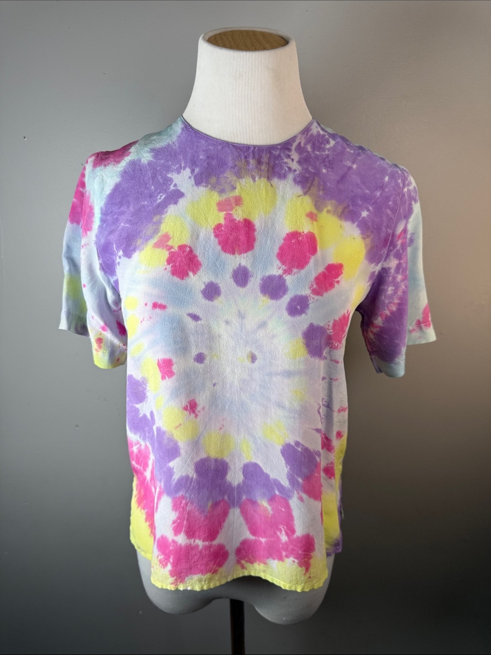 Tie-Dye Short Sleeve silk top - Purple/Pink/Yellow